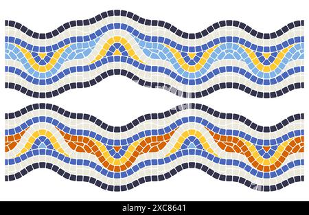 Wavy mosaic border ornament, seamless pattern in portuguese style, interior and exterior wave decor line, vector Stock Vector