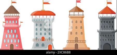 Castle tower icons set in flat style. Medieval citadel vector illustration on isolated background. Stronghold building sign business concept. Stock Vector