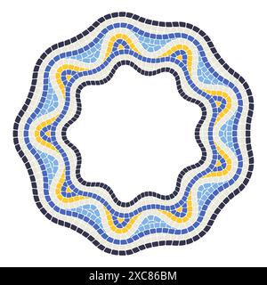 Round mosaic pattern with wavy border, portuguese vignette, mosaic frame tessellation, vector Stock Vector