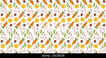 Easter pattern with bunnies and flowers in a cute, hand-drawn vector style. Ideal for textiles, packaging, and decorative design. Stock Vector