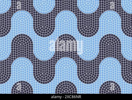 Blue wavy mosaic tile, seamless pattern, portuguese mosaic pavement with waves, vector Stock Vector