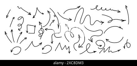 A diverse set of hand-drawn black arrows doodles in various styles and sizes, perfect for enhancing your designs. Creative action pointers. Isolated o Stock Vector