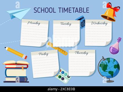 School Timetable poster template with sticker notes for subjects. Weekly planner or daily timetable of the week. Schedule organizer decorated with Stock Vector