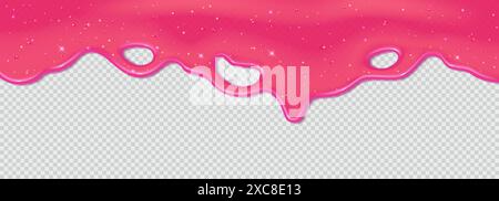 Realistic 3D dripping glossy pink slime with glitter isolated on transparent background. Border of flowing sticky sweet jelly. Vector template of chew Stock Vector