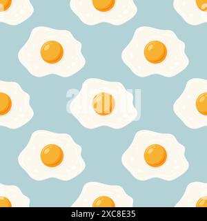 Vector Seamless Pattern with Fried Egg, Sunny-Side-Up on Blue Background. Healthy Breakfast, Protein Food Print Stock Vector