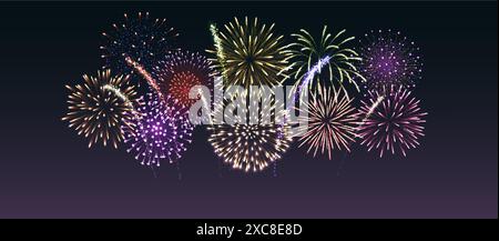 Shimmering firework display realistic vector illustration. Colorful exploding fire show in night sky 3d element on dark background Stock Vector