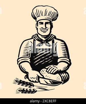 Happy baker cutting fresh bread with knife. Chef bakery emblem or logo. Hand drawn vector illustration Stock Vector