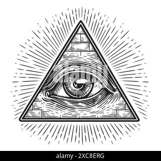 All seeing eye inside triangular pyramid with light rays. Sketch vector illustration in vintage engraving style Stock Vector