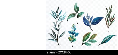 Set of various watercolor leaf on transparent background Stock Vector