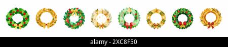 Set of golden and green Christmas wreaths with festive ornaments. Isolated on white background. Graphic illustration. Concept of traditional Christmas Stock Vector