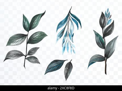 Set of various watercolor leaf on transparent background Stock Vector