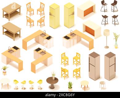 Vector isometric kitchen furniture set. Dining room table, lamps, cabinets and stools, stove, oven, sink, kitchen island and countertop Stock Vector