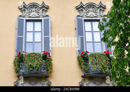 A pair of windows with French balconies and potted plants on the facade of a building in Baroque style, in the old town of Milan, Lombardy, Italy Stock Photo