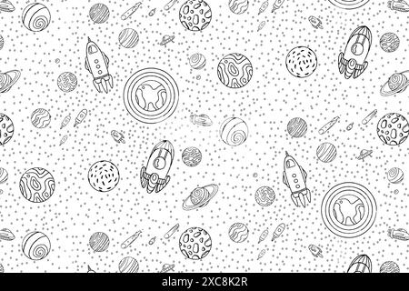 Cosmos seamless pattern. Hand drawn doodle vector. Rockets planets constellations ufo stars satellite etc. Space collection. Black and white. Stock Vector