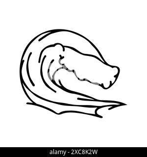 Wave crest in doodle style. Ocean surf, tide, splashes of water. Natural marine design elements drawn with black contour lines on a white background. Stock Vector