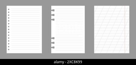 Set of notebook sheets isolated on gray background. Realistic white blanks of lined paper. Different vertical pages from diary. Vector template Stock Vector