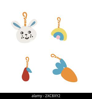 Childrens supplies cute elements of elementary school. Schoolbags pendant. Kindergarten flat elements for education. Back to school. Stock Vector