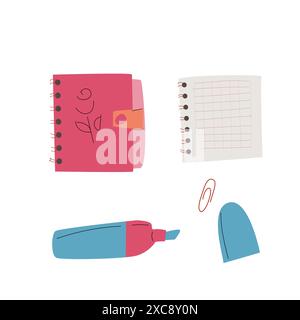 Childrens supplies cute elements of elementary school. notes for stickers, scrapbooking. Kindergarten flat elements for education. Back to school. Stock Vector