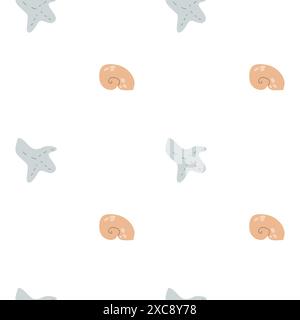 Childrens cute fashion pattern. Childish sea shell seamless background. Marine life elements pattern. Nursery design. Pastel colors. Clams background, Stock Vector