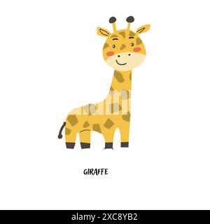 Childrens animal card giraffe for education. Kindergarten design. Cute african animal flash card on english language. Funny cartoon character poster f Stock Vector