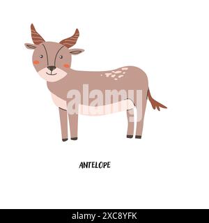 Childrens animal card antelope for education. Kindergarten design. Cute african animal flash card on english language. Funny cartoon character poster Stock Vector
