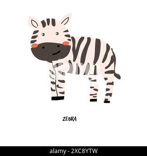 Childrens animal card zebra for education. Kindergarten design. Cute african animal flash card on english language. Funny cartoon character poster for Stock Vector