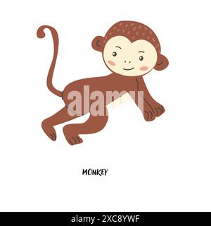 Childrens animal card monkey for education. Kindergarten design. Cute african animal flash card on english language. Funny cartoon character poster fo Stock Vector