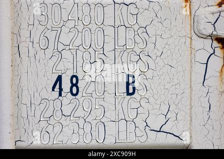 On some old containers of the Kite Surf Association Katwijk aan Zee I discovered these old and weathered numbers and letters on old, cracked white pai Stock Photo