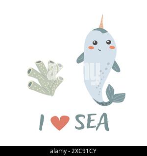 Childrens sea animal swordfish background with words. Nautical elements. Cute fish or ocean inhabitant with seaweed. Sea wild life, marine animals wit Stock Vector