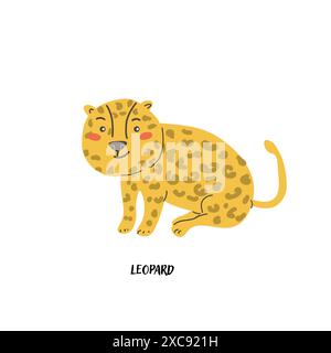 Childrens animal card leopard for education. Kindergarten design. Cute african animal flash card on english language. Funny cartoon character poster f Stock Vector