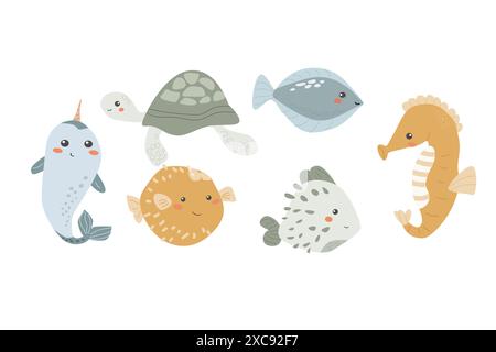 Cute childrens sea animals set. Marine underwater elements collection. Ocean inhabitants set of fugu,turtle and other cute characters. Wild aquatic cr Stock Vector