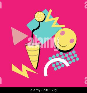 90s music background. Retro disco banner with y2k or 00s elements. Game or music equipment, laptop from 90s. Bright banner for social network. Stock Vector