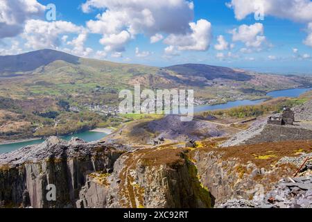 High view to Llanberis village below Moel Elio in Snowdonia National Park seen from Dinorwic slate quarry. Dinorwig, Llanberis, Gwynedd, Wales, UK Stock Photo