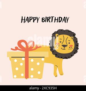 Childrens animal card Lion with congratulation text. Cute african animal celebration design. Greeting card with little wild pet for Childish postcard. Stock Vector