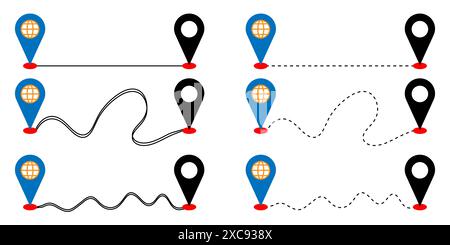 Straight line and Dashed line arrow route path vector concept of creating route from point. Stock Vector
