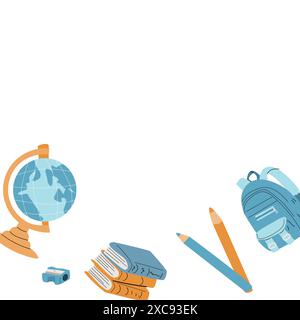 Back to school, kindergarten banner or frame. Children school elements, pencils background with copy space. Children supplies, cute design. Can used f Stock Vector