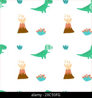 Childrens animals pattern of cute baby dinosaurs collection. For textile. Nursery design. Childrens dinosaurs background with tropical tree. Childish Stock Vector
