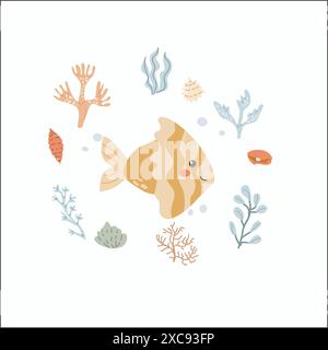 Childrens sea animal fish background. Nautical elements. Cute fish or ocean inhabitant with seaweed. Sea wild life, marine animals background for post Stock Vector