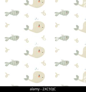 Childrens sea animals pattern, childish ocean marine life seamless background. Nursery baby animals print. Underwater inhabitants collection backgroun Stock Vector
