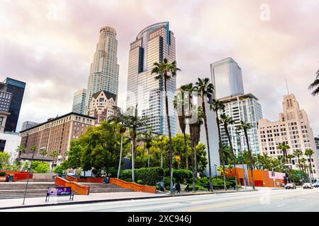 US Bank Tower, Gas Company Tower and surrounding buildings in Downtown Los Angeles, overlooking Pershing Square park, California, USA Stock Photo