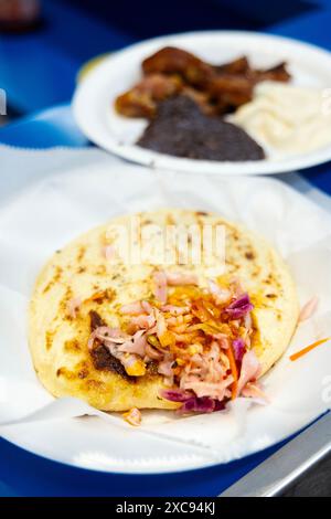 Pupusa at Sarita's Pupuseria, Grand Central Market food court, Downtown Los Angeles, California, USA Stock Photo