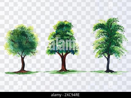 Set of various watercolor trees on transparent background Stock Vector