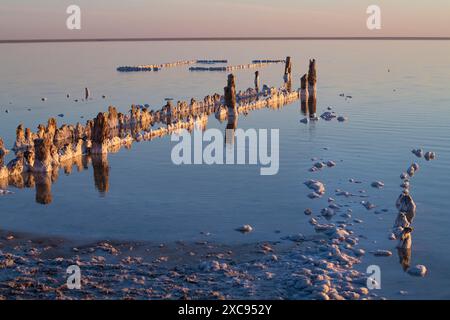 Ruins of an ancient wooden pier and salt mud baths on the Elton salt lake on a sunny May evening. Volgograd region. Russia Stock Photo