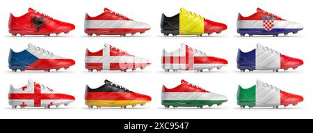 Set of soccer football boots with european flags painted on its. European football match or country championship symbols. 3d illustration Stock Photo