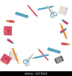 Back to school, kindergarten banner or frame. Children school elements, pencils background with copy space. Children supplies, cute design. Can used f Stock Vector