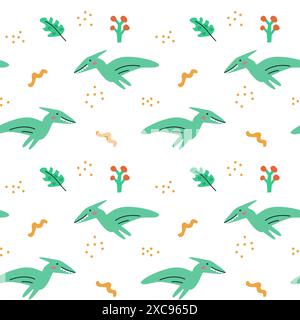 Childrens animals pattern of cute baby dinosaurs collection. For textile. Nursery design. Childrens dinosaurs background with tropical tree. Childish Stock Vector