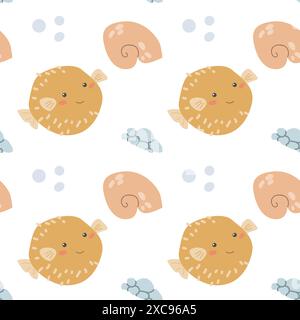 Childrens sea animals pattern, childish ocean marine life seamless background. Nursery baby animals print. Underwater inhabitants collection backgroun Stock Vector