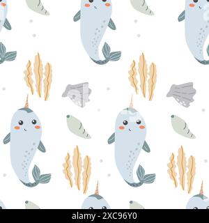 Childrens sea animals pattern, childish ocean marine life seamless background. Nursery baby animals print. Underwater inhabitants collection backgroun Stock Vector