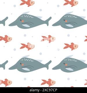 Childrens sea animals pattern, childish ocean marine life seamless background. Nursery baby animals print. Underwater inhabitants collection backgroun Stock Vector