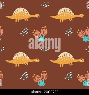 Childrens animals pattern of cute baby dinosaurs collection. For textile. Nursery design. Childrens dinosaurs background with tropical tree. Childish Stock Vector